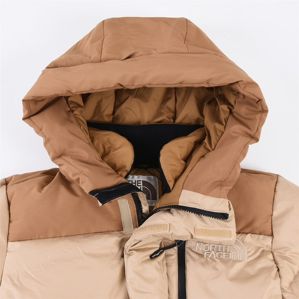 The North Face Long Hooded Puffer Parka Jacket Khaki Brown Color Block Long Down Coat