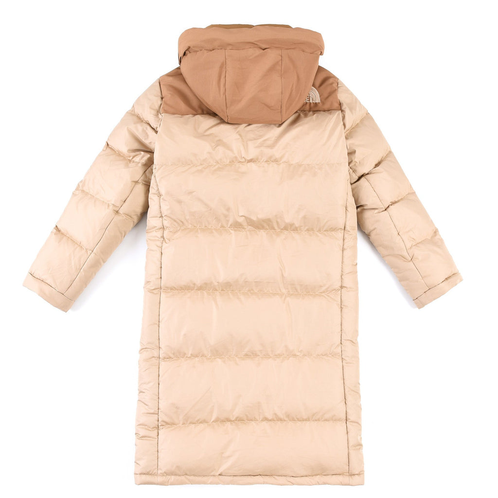 The North Face Long Hooded Puffer Parka Jacket Khaki Brown Color Block Long Down Coat